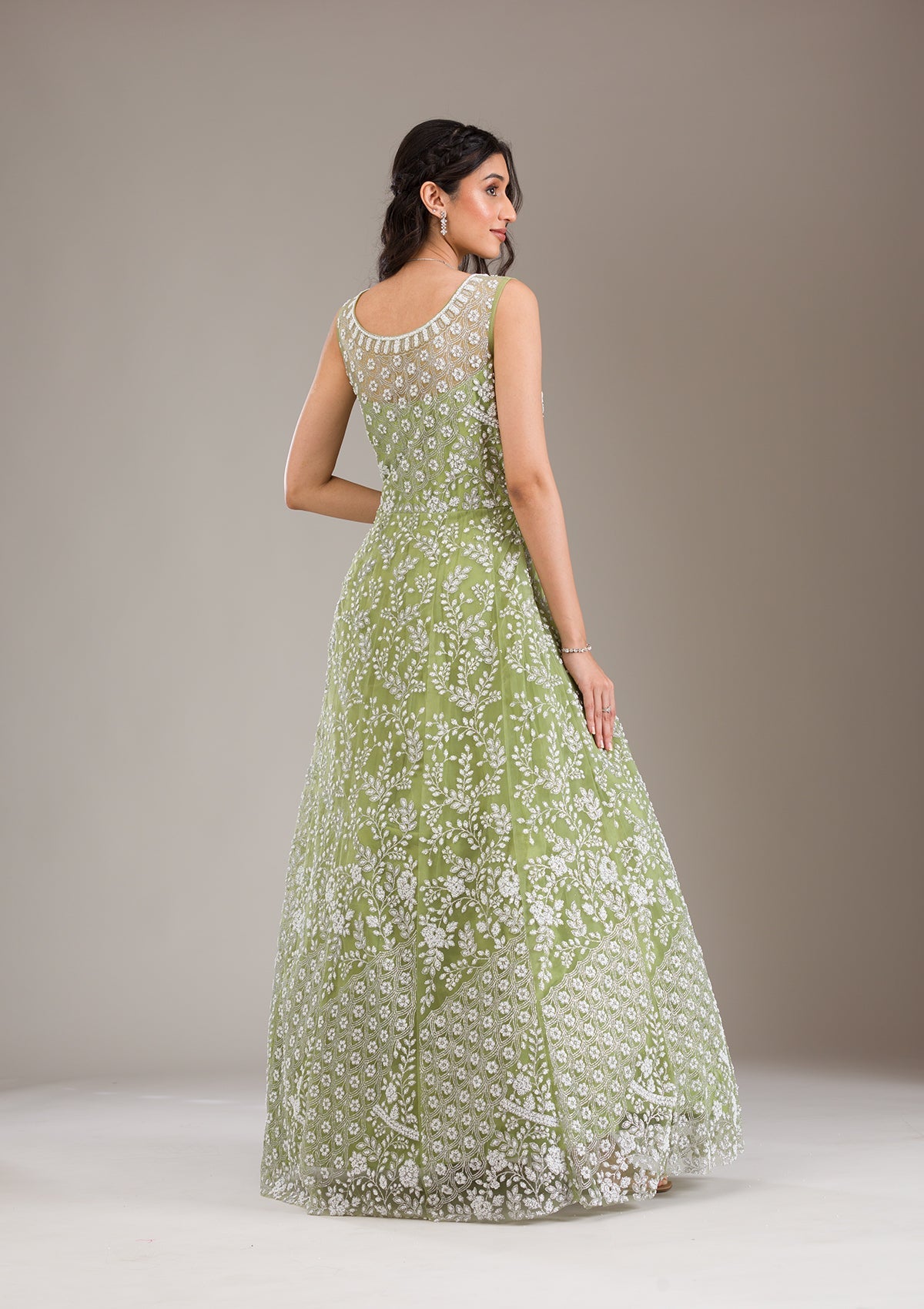 Pista Green Pearlwork Net Gown-Koskii