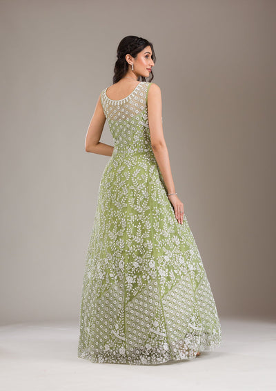 Pista Green Pearlwork Net Gown-Koskii