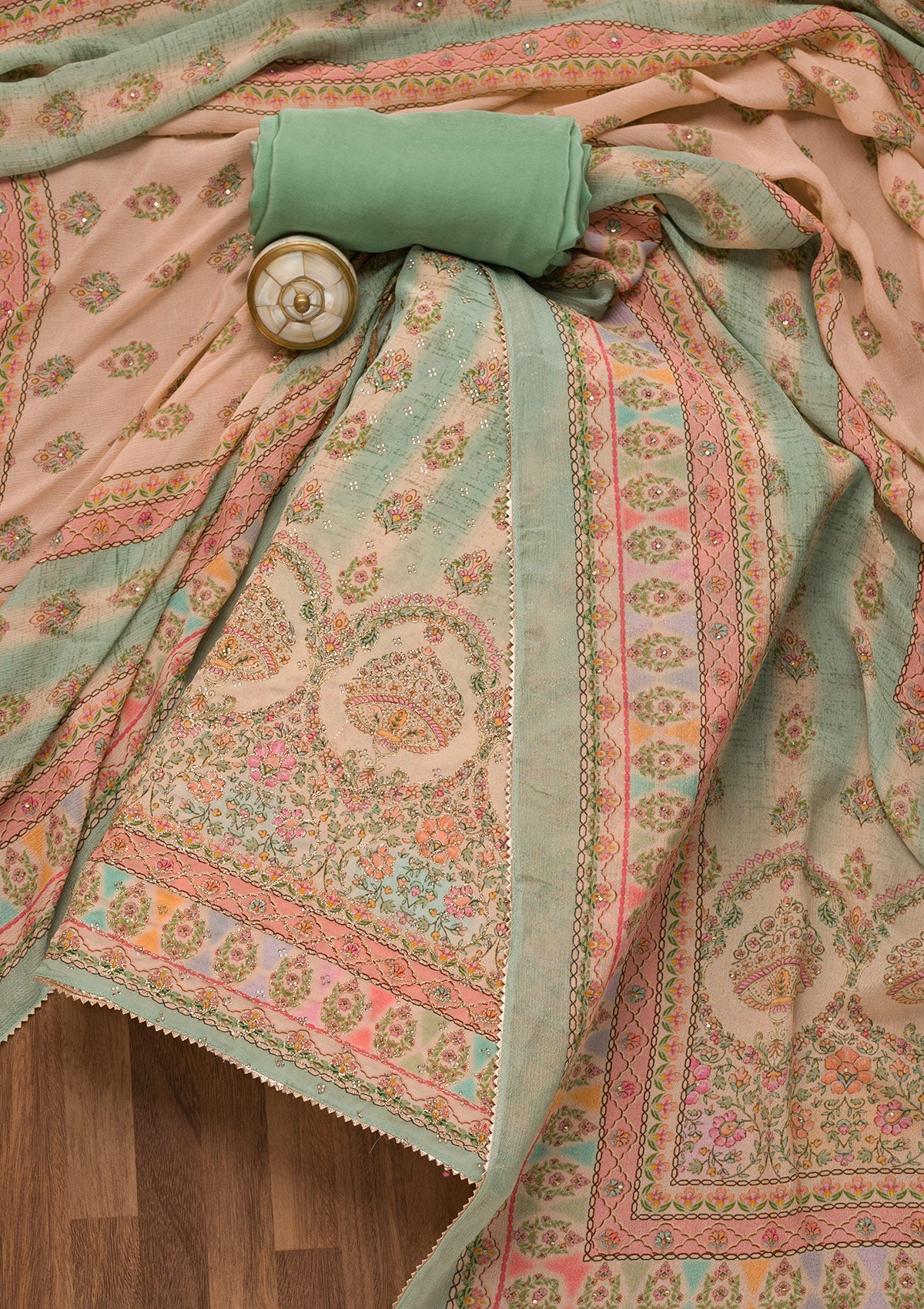 Pista Green Printed Crepe Unstitched Salwar Suit-Koskii