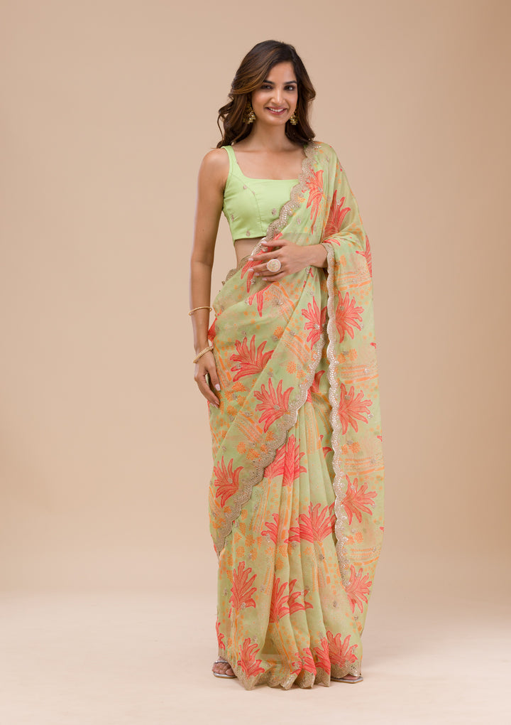 Pista Green Printed Organza Saree-Koskii