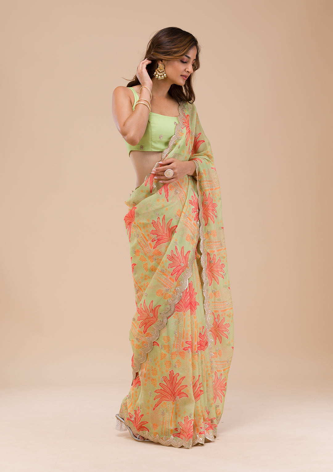 Pista Green Printed Organza Saree-Koskii