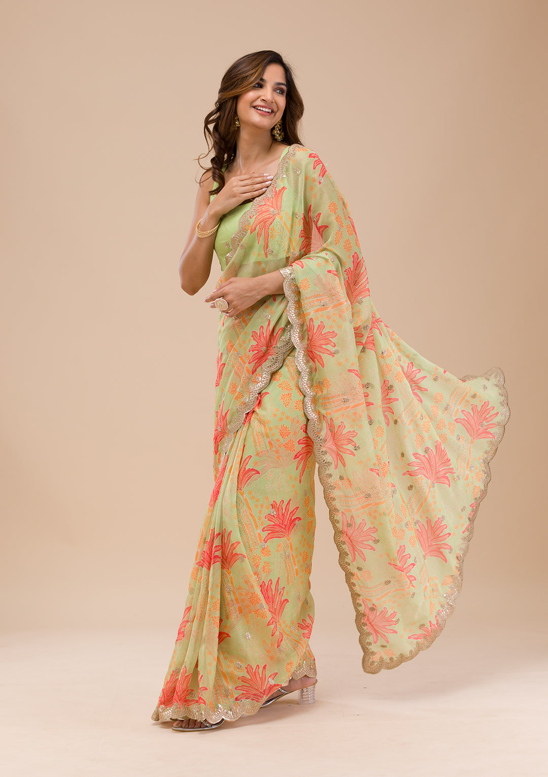 Pista Green Printed Organza Saree-Koskii