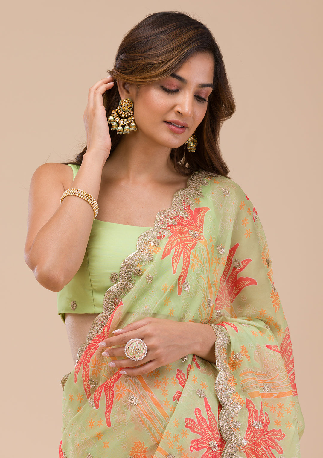 Pista Green Printed Organza Saree-Koskii