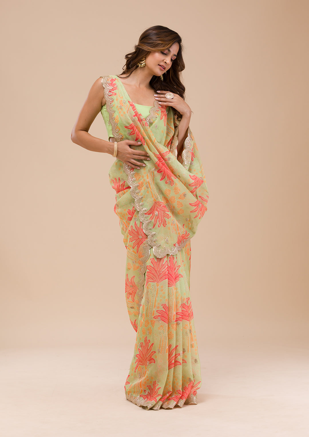 Pista Green Printed Organza Saree-Koskii