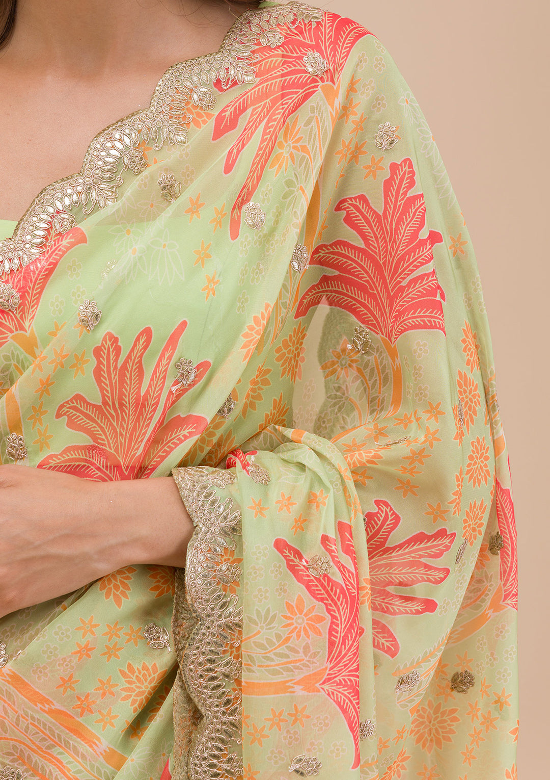 Pista Green Printed Organza Saree-Koskii