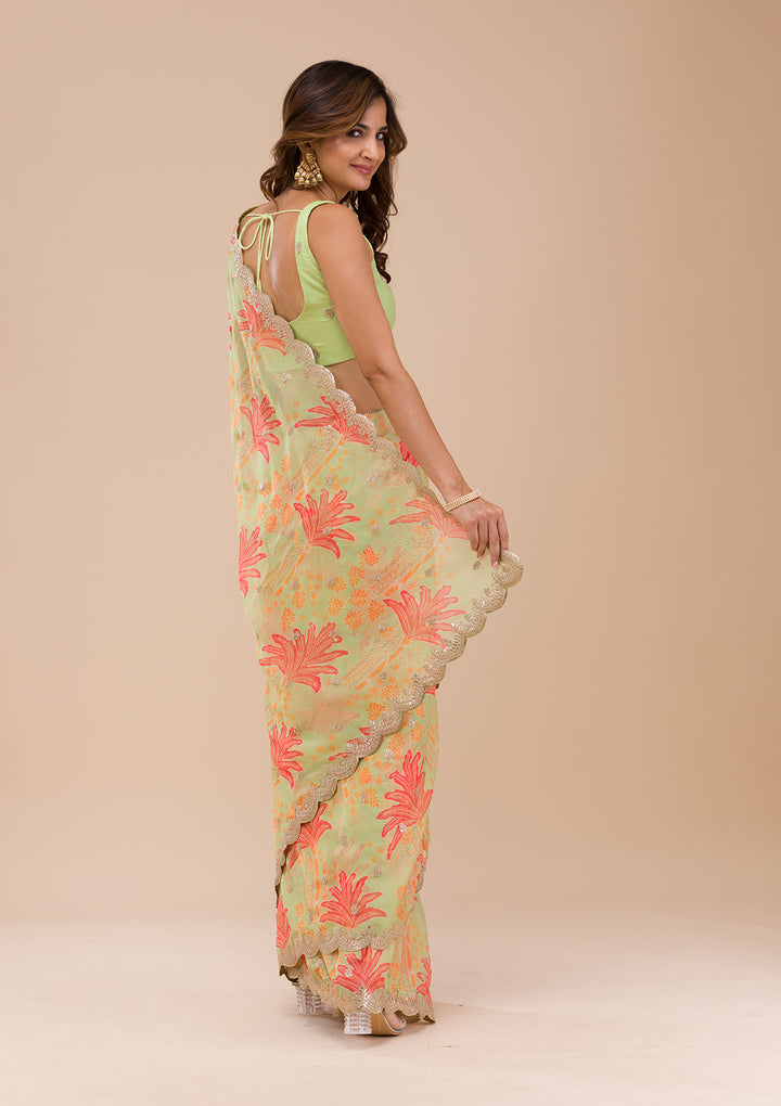 Pista Green Printed Organza Saree-Koskii