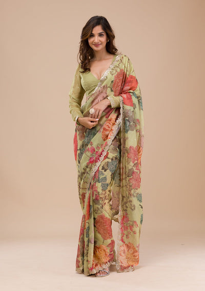 Pista Green Printed Organza Saree-Koskii