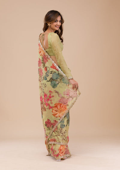 Pista Green Printed Organza Saree-Koskii