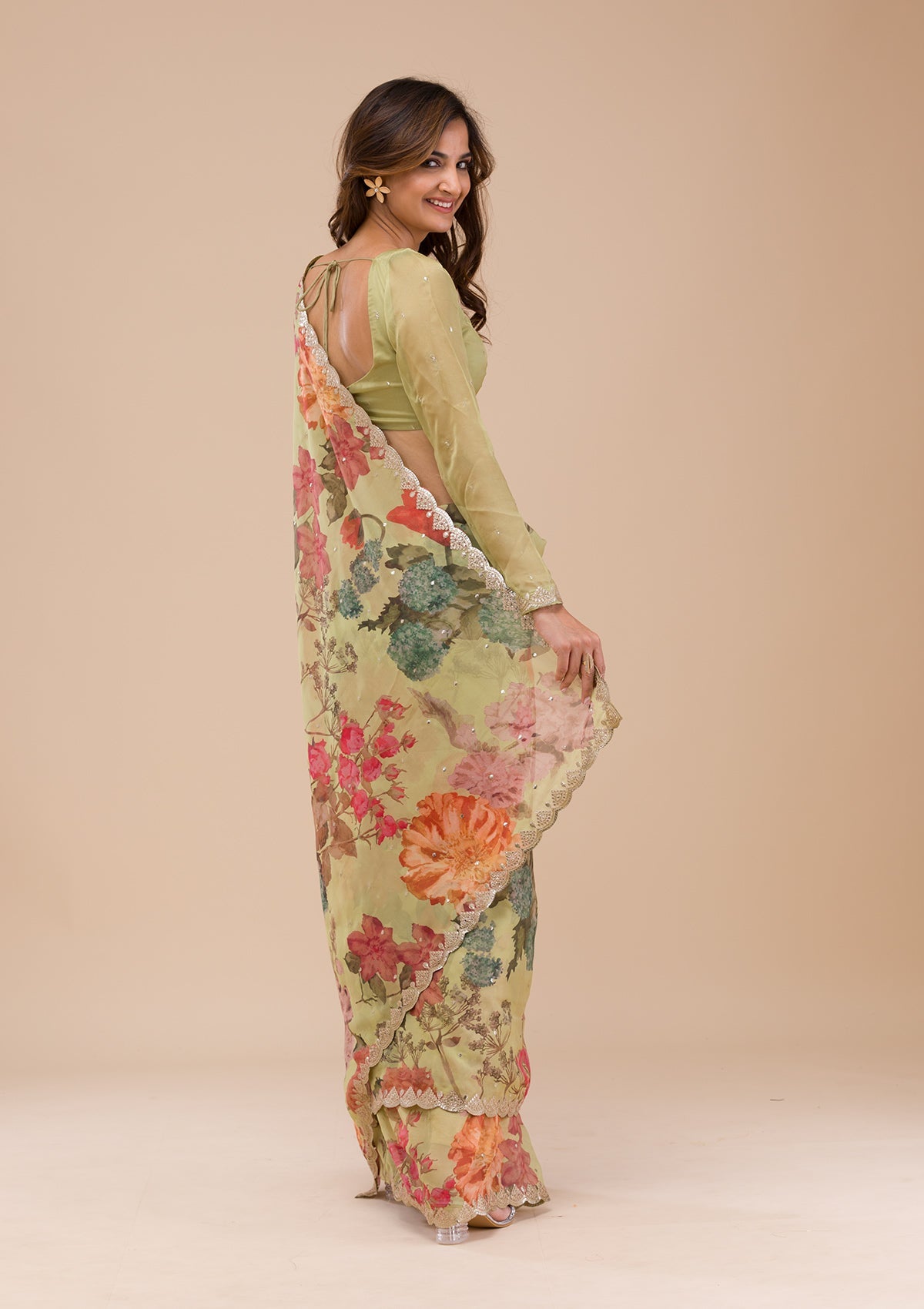Pista Green Printed Organza Saree-Koskii