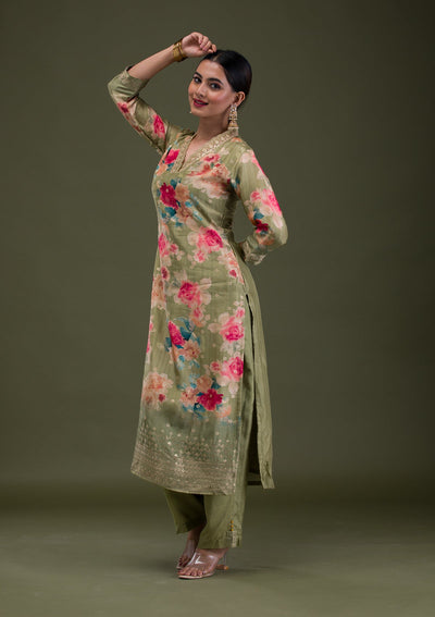 Pista Green Printed Semi Crepe Readymade Salwar Suit-Koskii