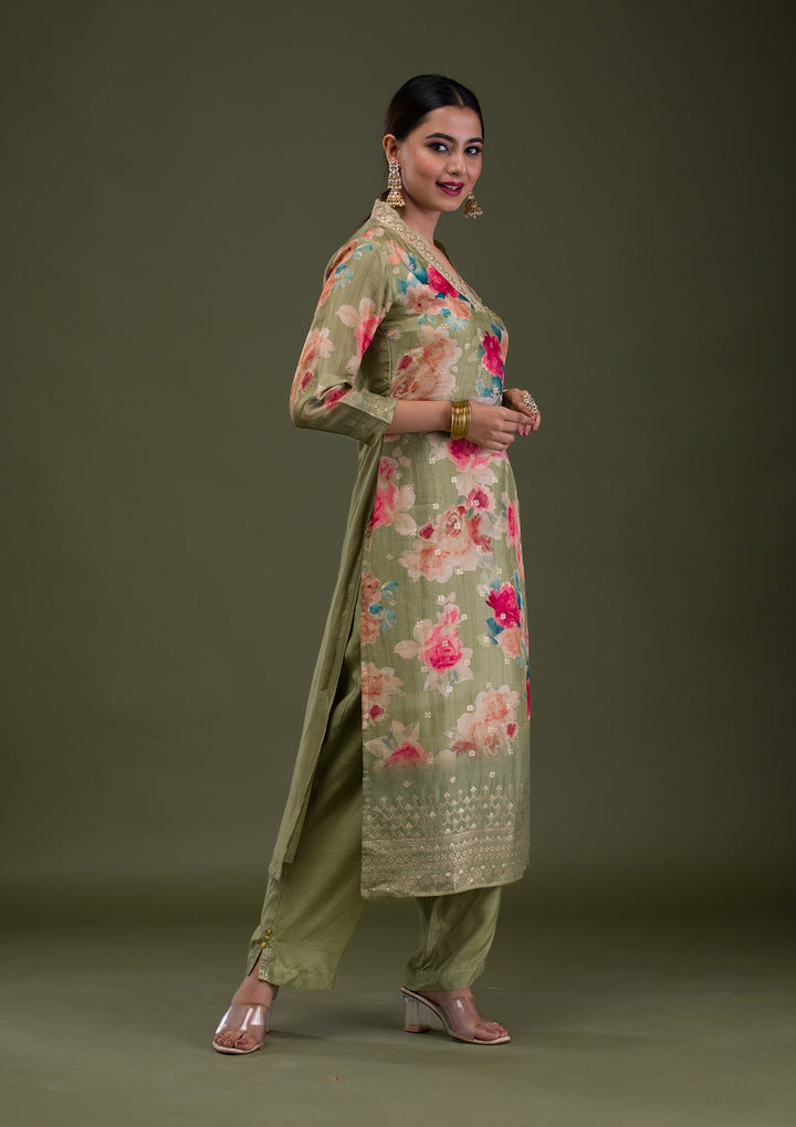 Pista Green Printed Semi Crepe Readymade Salwar Suit-Koskii