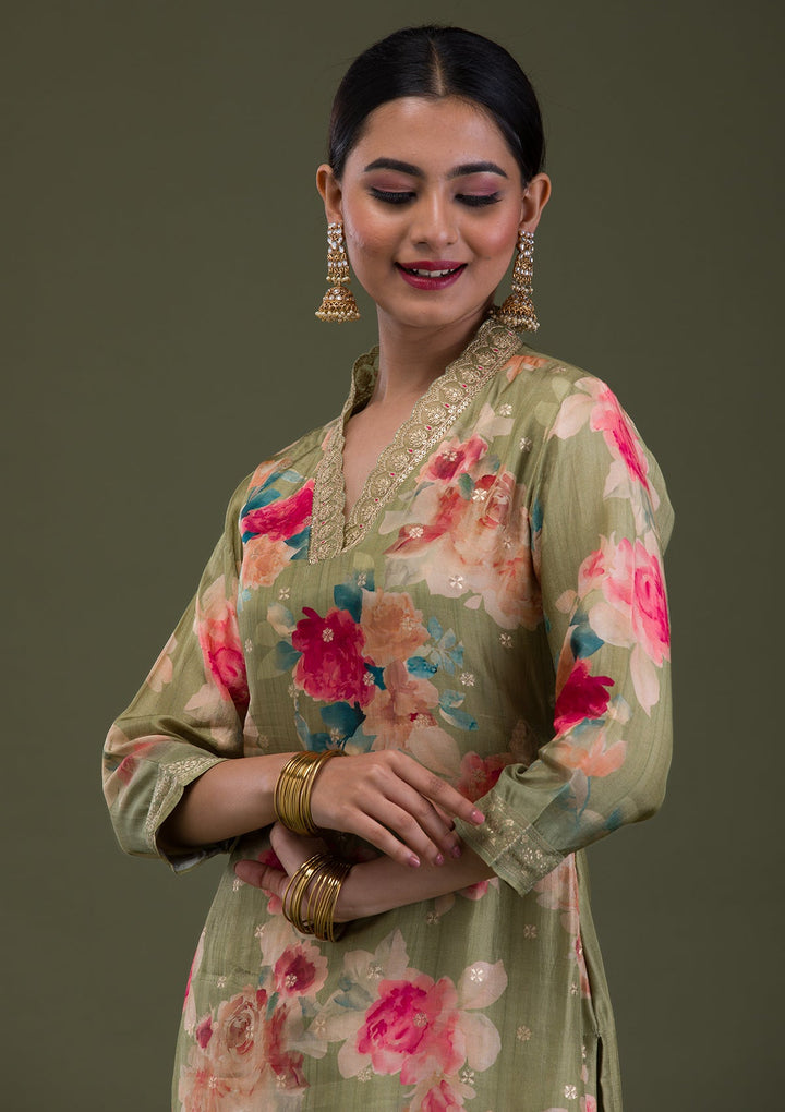 Pista Green Printed Semi Crepe Readymade Salwar Suit-Koskii
