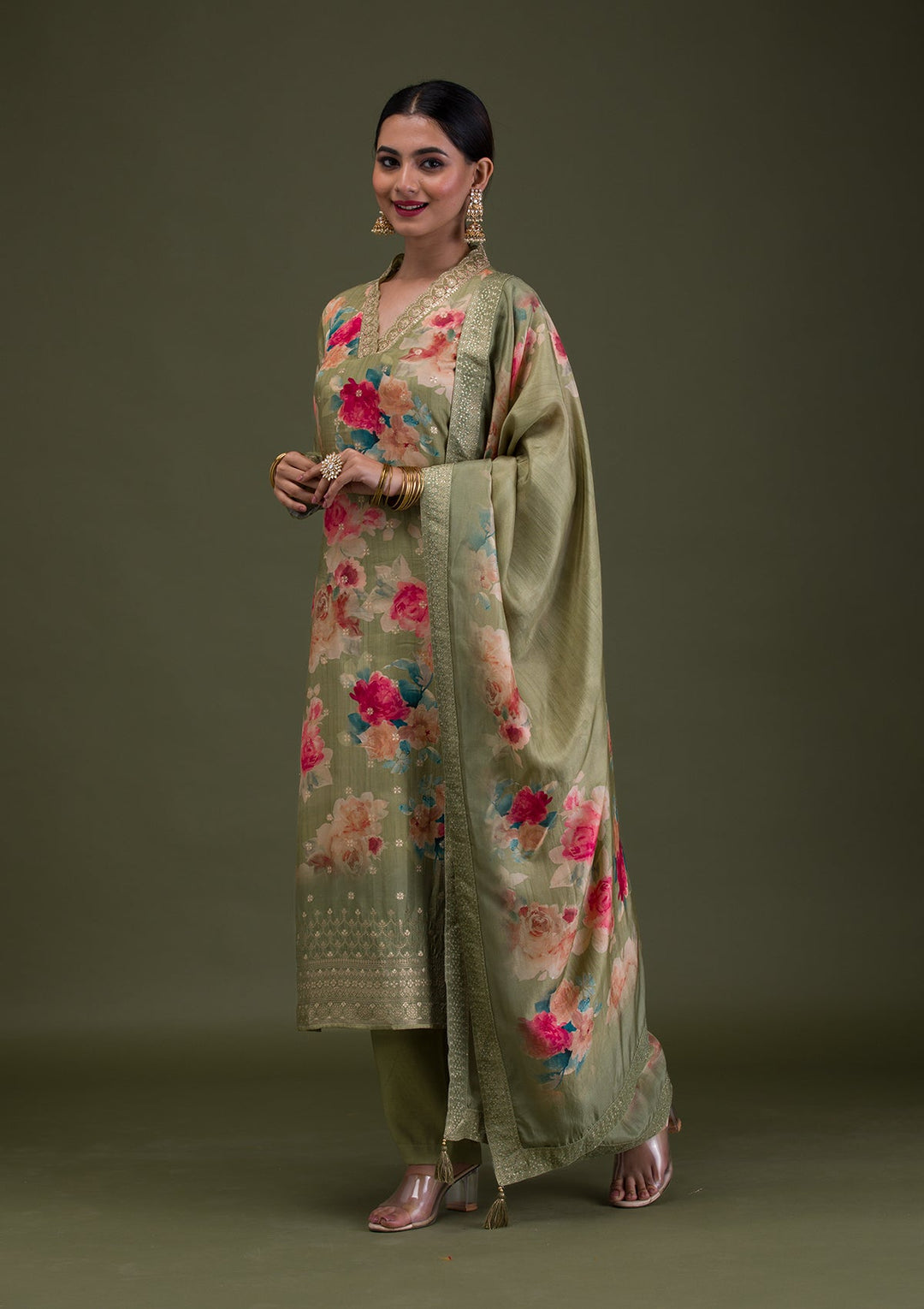 Pista Green Printed Semi Crepe Readymade Salwar Suit-Koskii