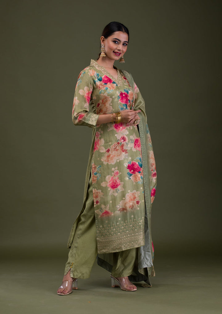 Pista Green Printed Semi Crepe Readymade Salwar Suit-Koskii