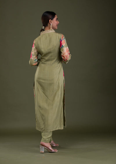 Pista Green Printed Semi Crepe Readymade Salwar Suit-Koskii