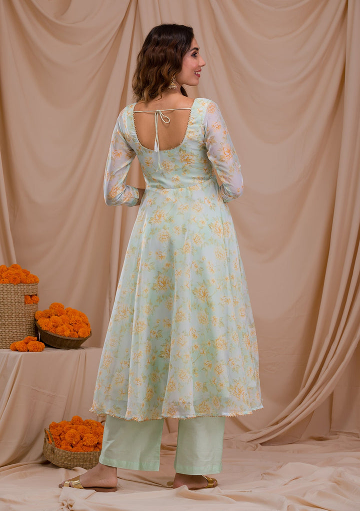 Pista Green Printed Tissue Readymade Salwar Suit-Koskii