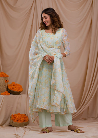 Pista Green Printed Tissue Readymade Salwar Suit-Koskii