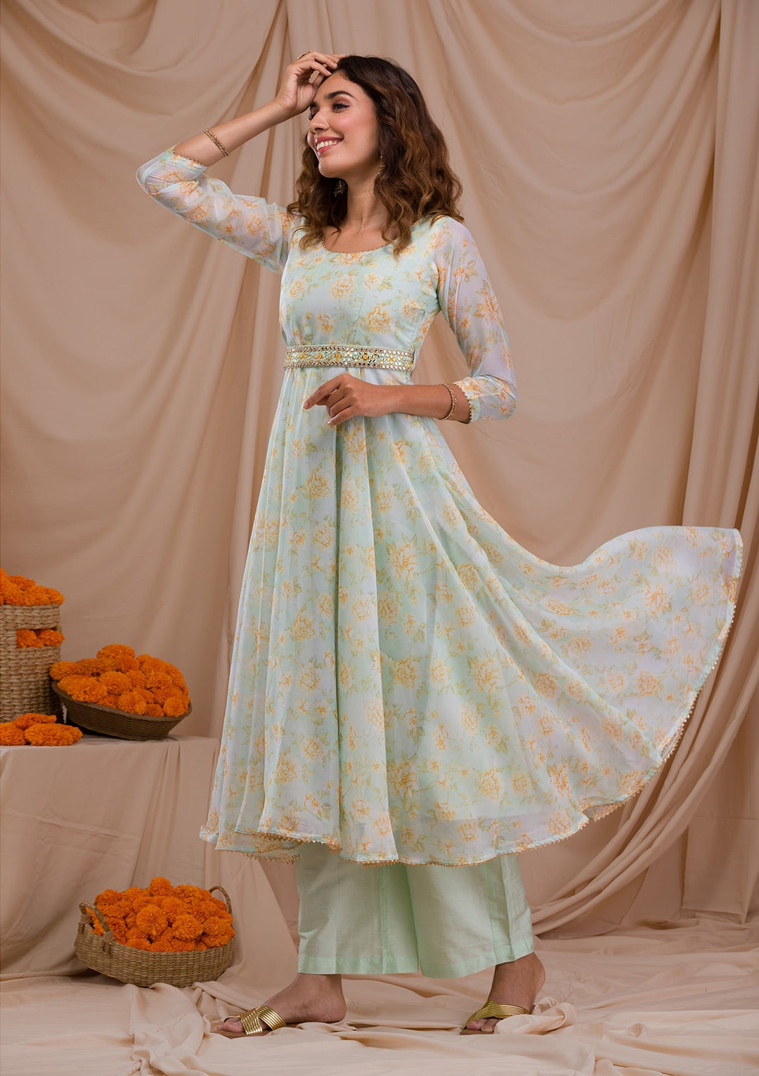 Pista Green Printed Tissue Readymade Salwar Suit-Koskii