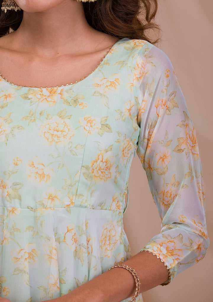 Pista Green Printed Tissue Readymade Salwar Suit-Koskii