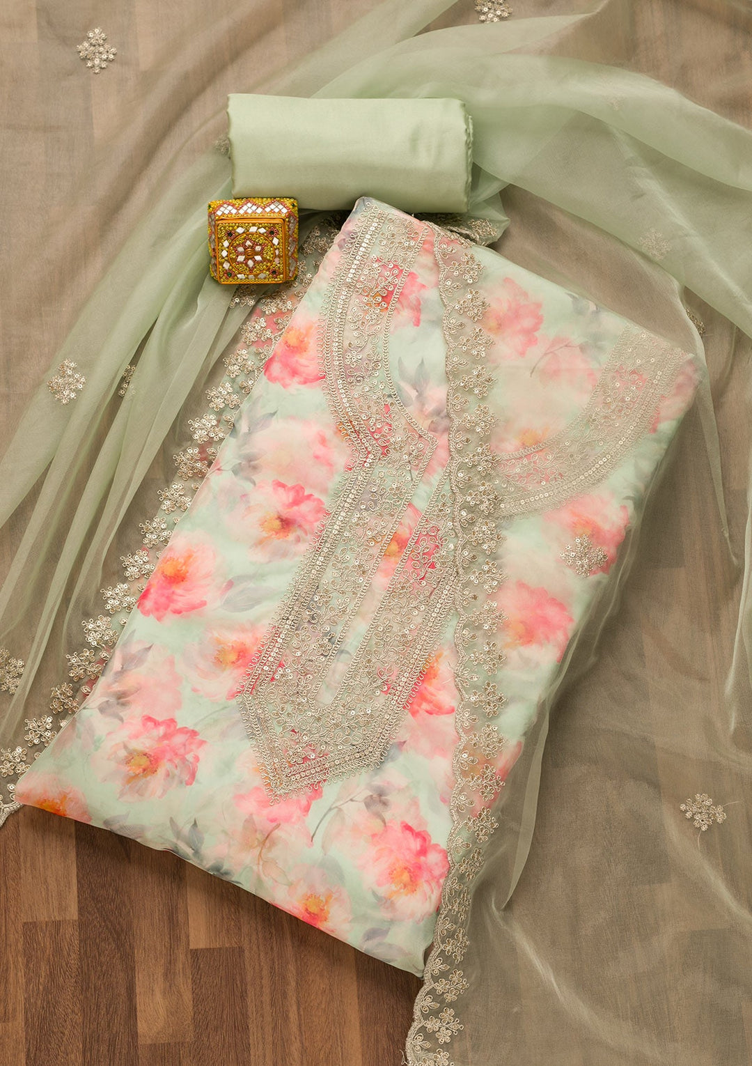 Pista Green Printed Tissue Unstitched Salwar Suit-Koskii