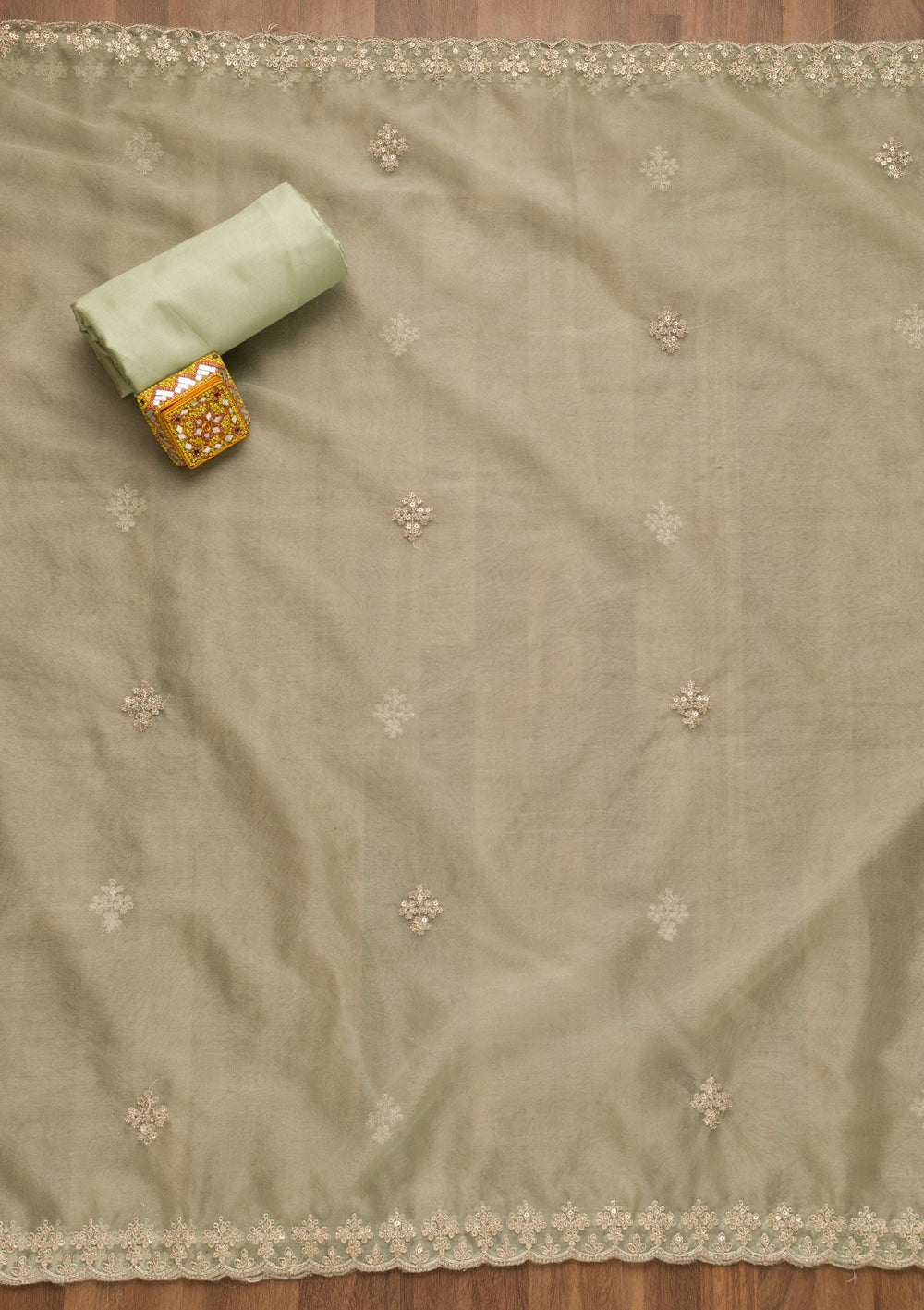 Pista Green Printed Tissue Unstitched Salwar Suit-Koskii