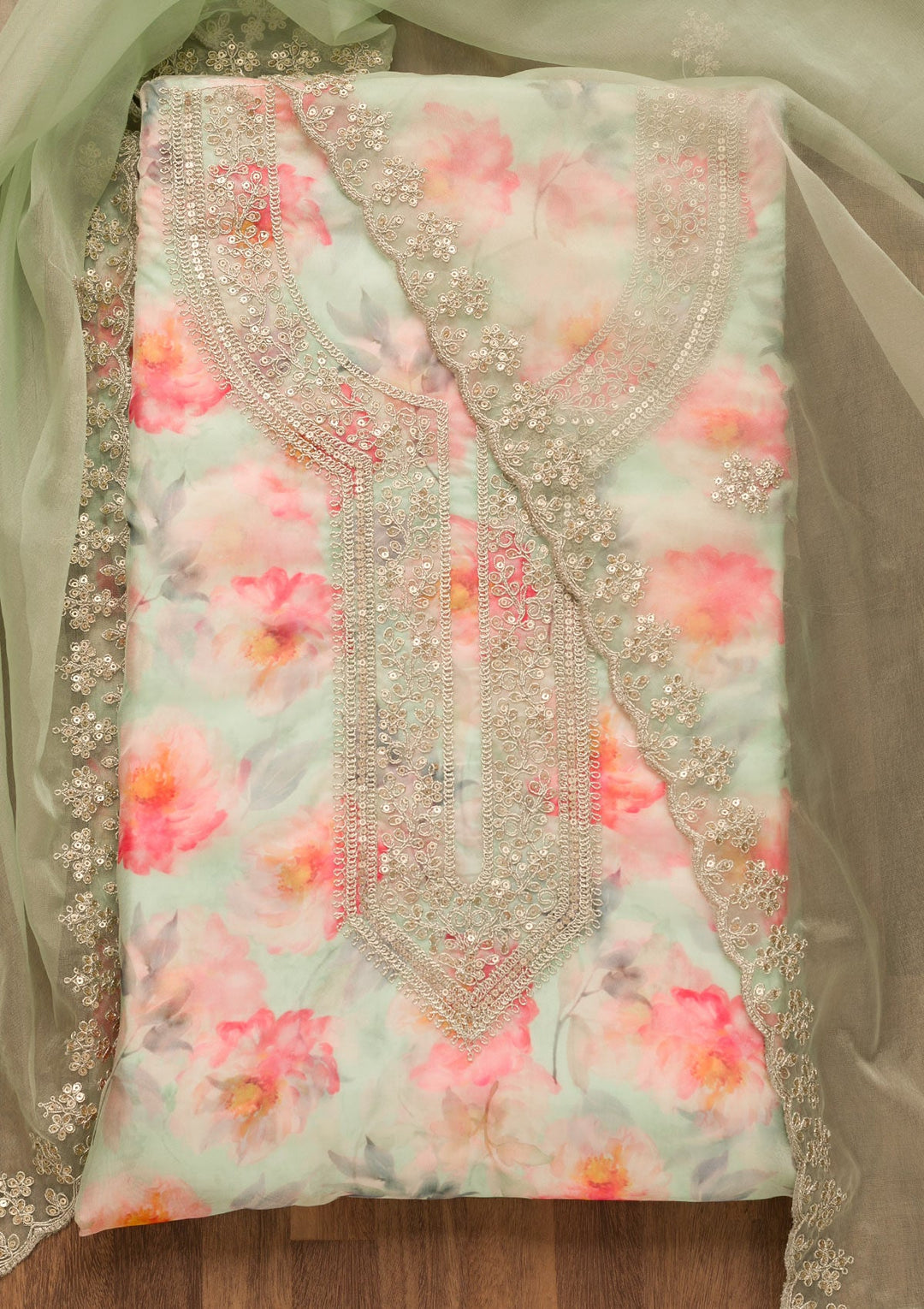 Pista Green Printed Tissue Unstitched Salwar Suit-Koskii