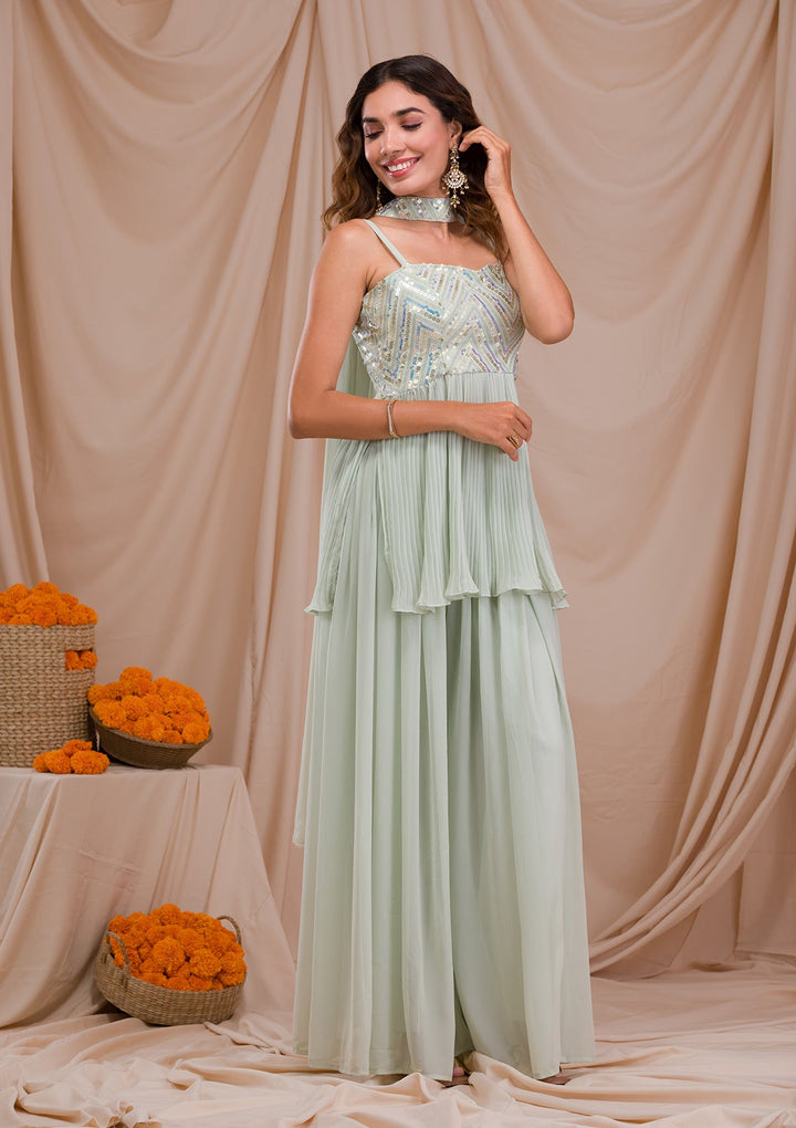 Pista Green Sequins Georgette Readymade Salwar Suit-Koskii