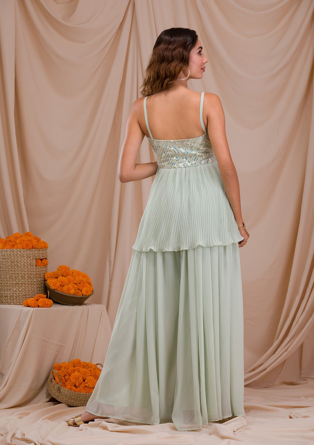 Pista Green Sequins Georgette Readymade Salwar Suit-Koskii