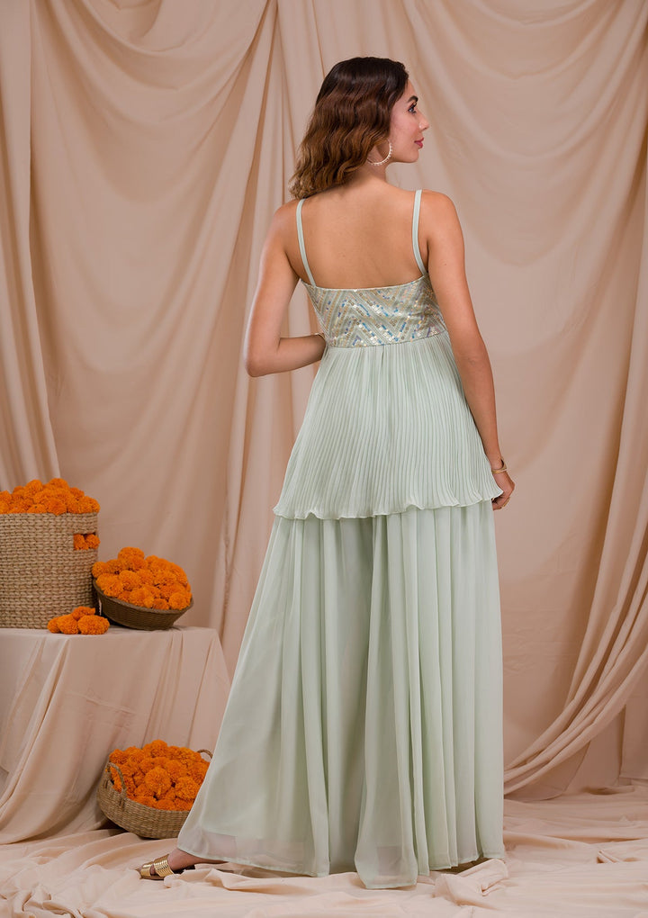 Pista Green Sequins Georgette Readymade Salwar Suit-Koskii