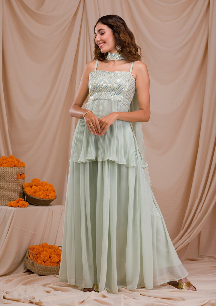 Pista Green Sequins Georgette Readymade Salwar Suit-Koskii