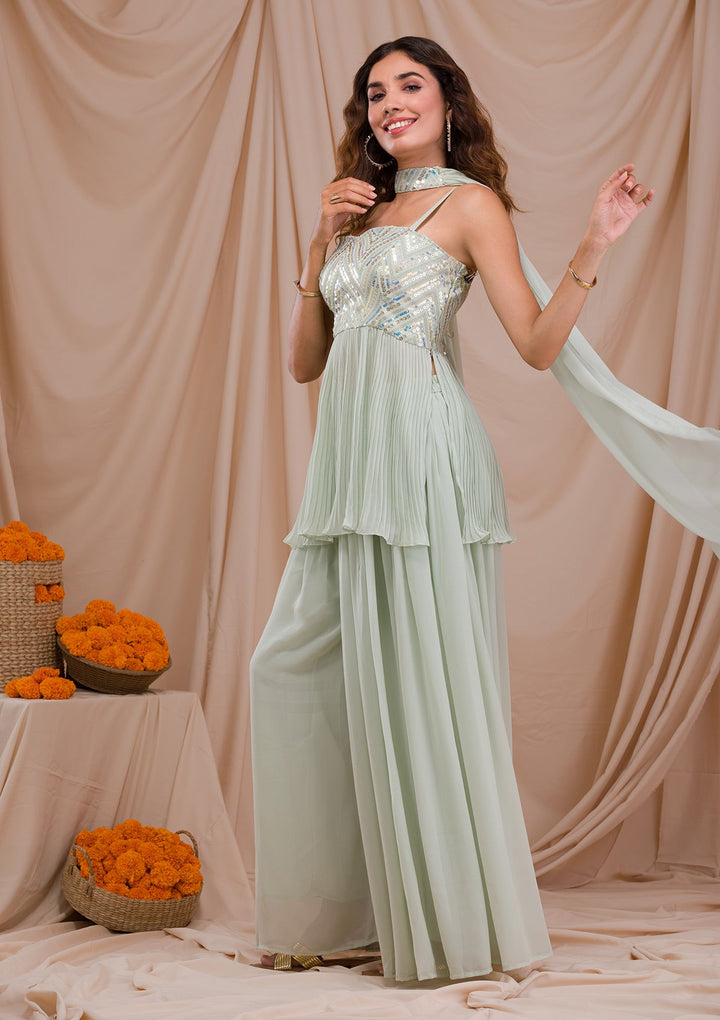 Pista Green Sequins Georgette Readymade Salwar Suit-Koskii