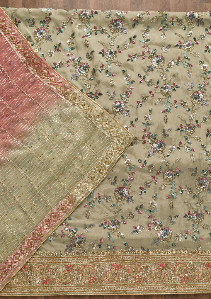 Pista Green Sequins Georgette Unstitched Salwar Suit-Koskii