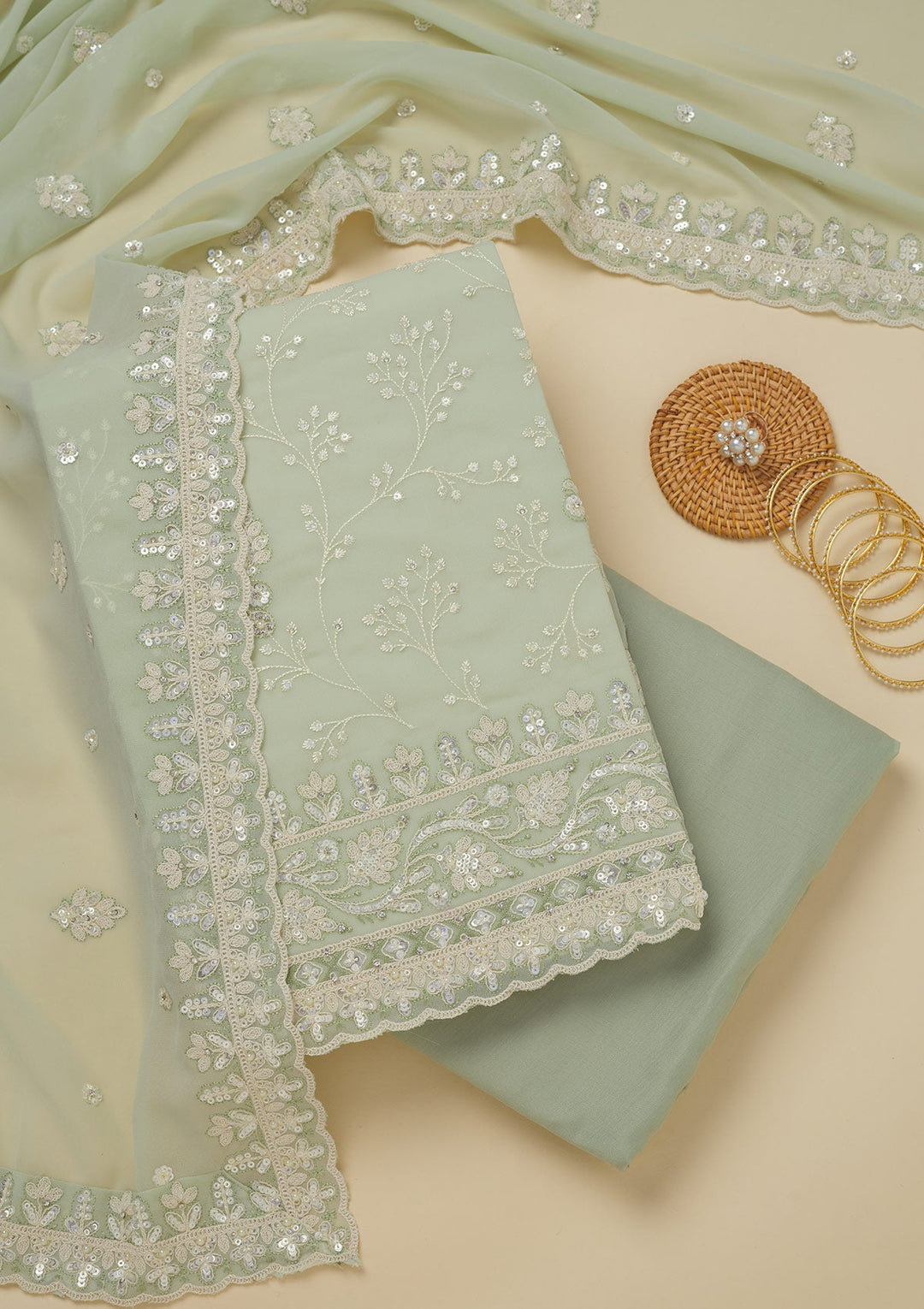 Pista Green Sequins Georgette Unstitched Salwar Suit-Koskii