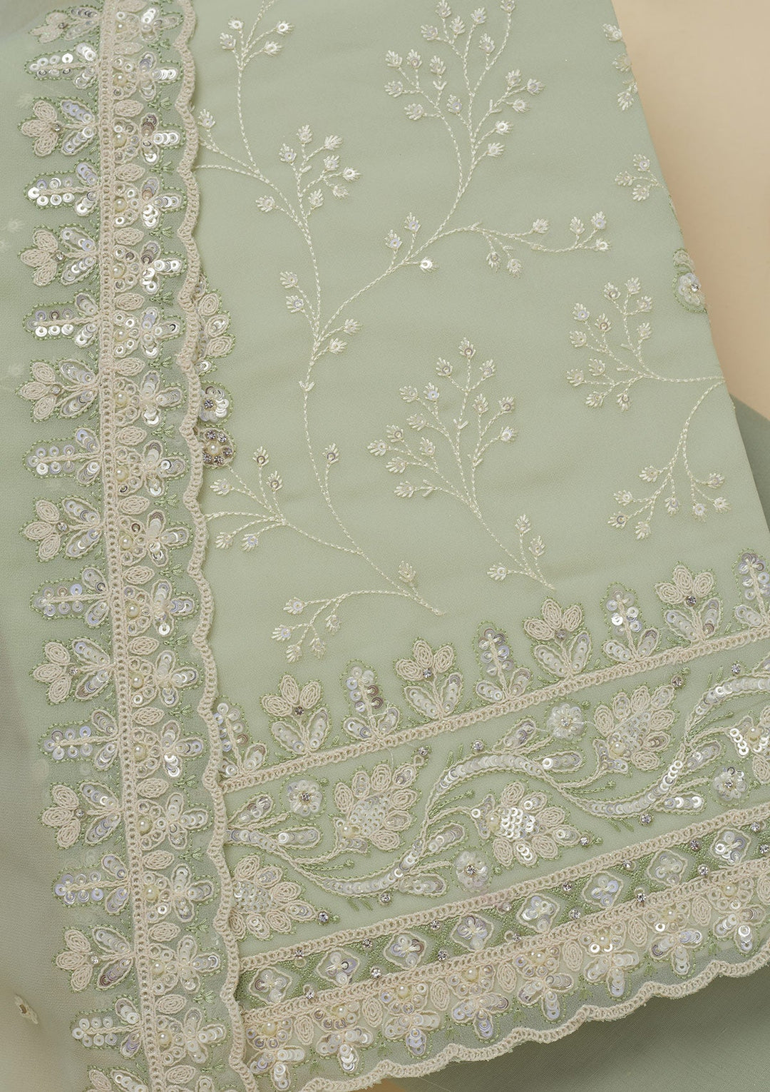 Pista Green Sequins Georgette Unstitched Salwar Suit-Koskii