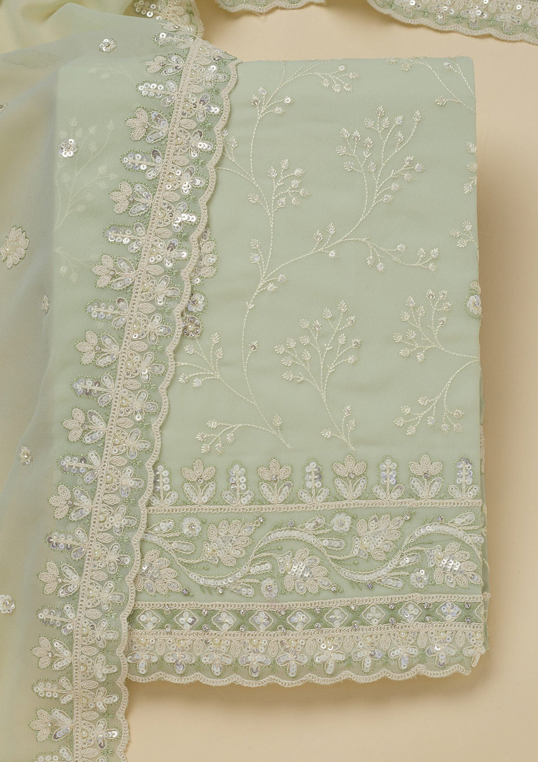 Pista Green Sequins Georgette Unstitched Salwar Suit-Koskii