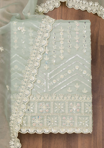 Pista Green Sequins Georgette Unstitched Salwar Suit-Koskii