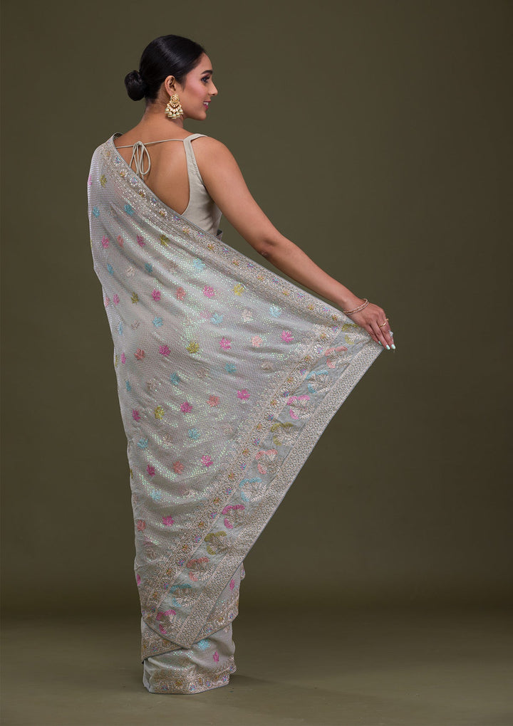 Pista Green Sequins Georgette Saree-Koskii