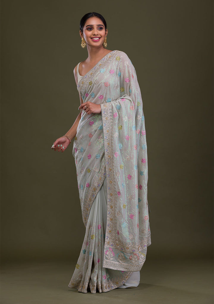 Pista Green Sequins Georgette Saree-Koskii