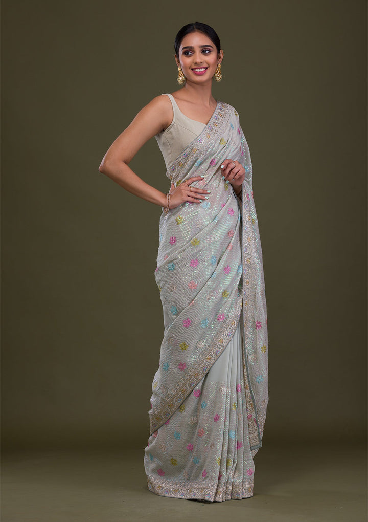 Pista Green Sequins Georgette Saree-Koskii