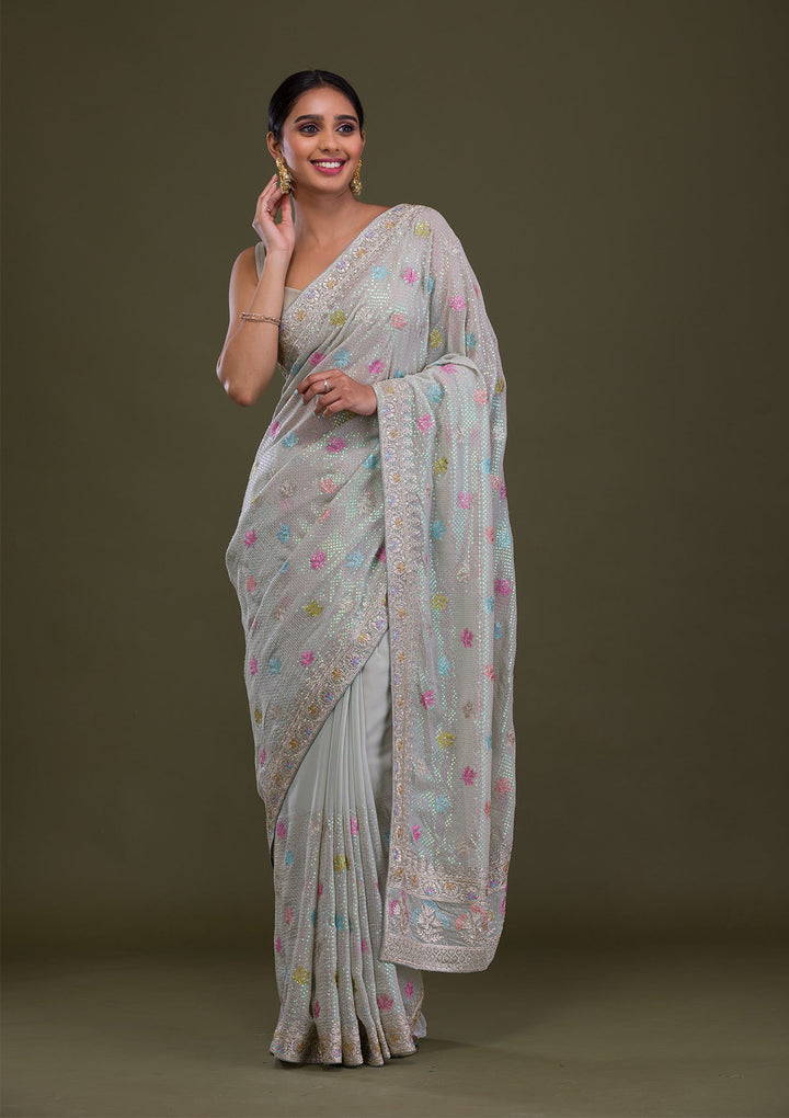 Pista Green Sequins Georgette Saree-Koskii