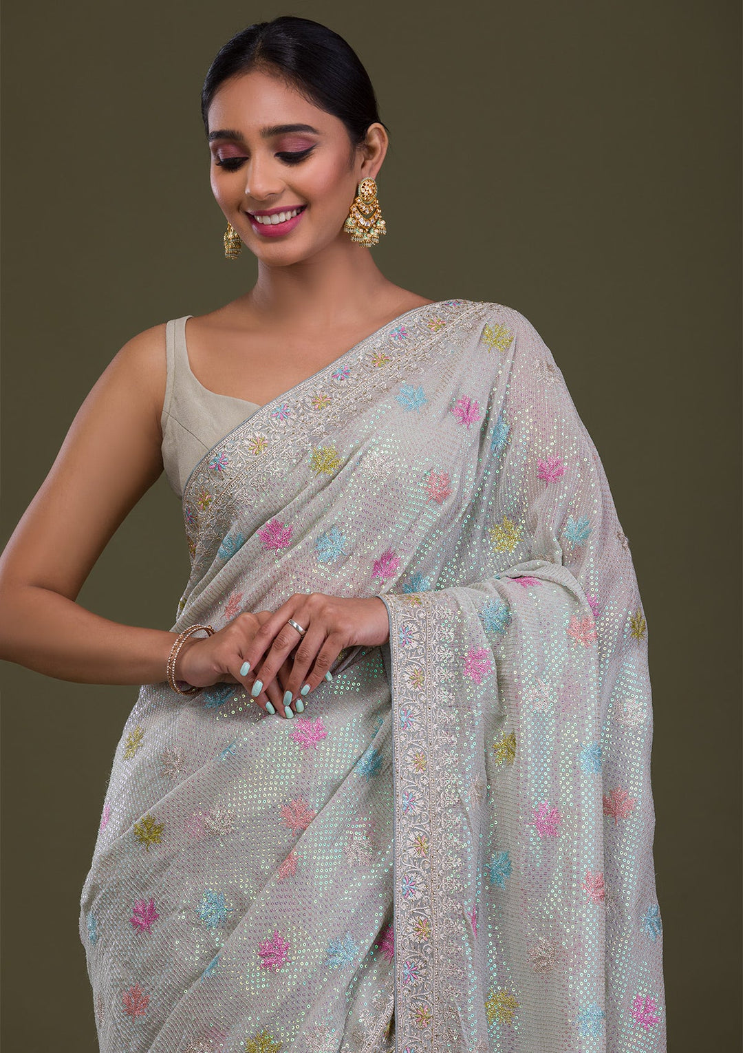 Pista Green Sequins Georgette Saree-Koskii