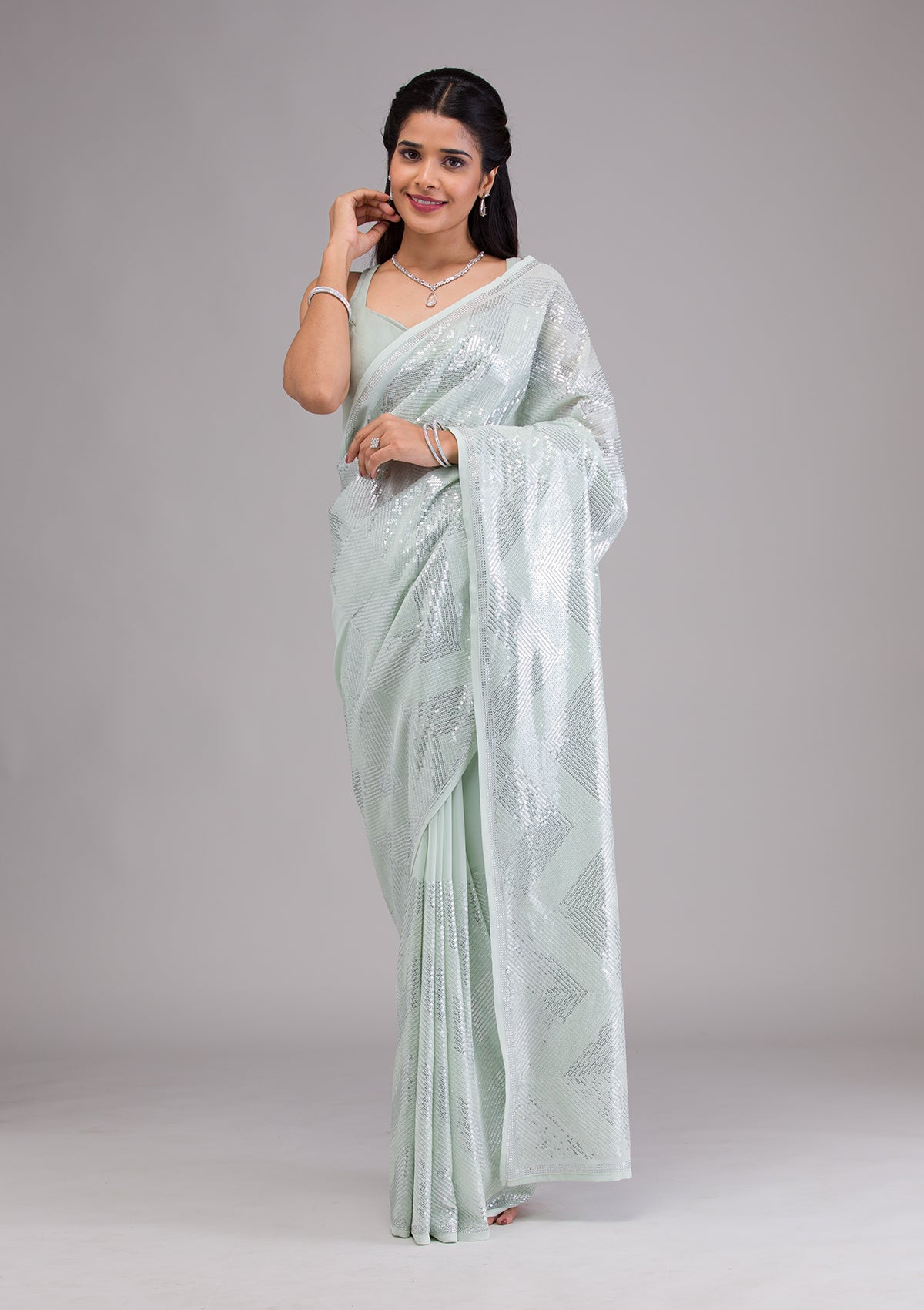 Pista Green Sequins Georgette Saree-Koskii