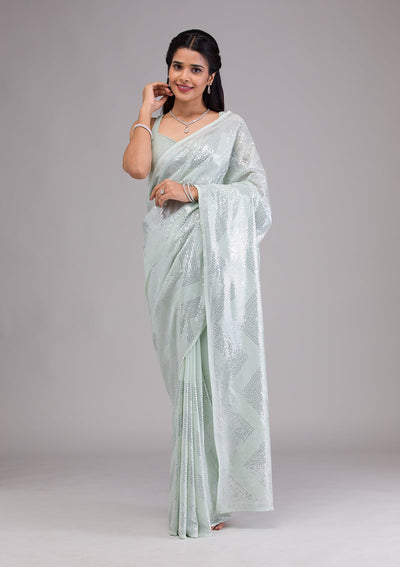 Pista Green Sequins Georgette Saree-Koskii