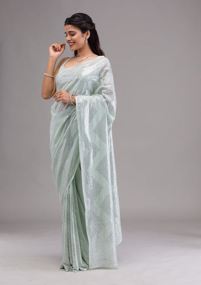Pista Green Sequins Georgette Saree-Koskii