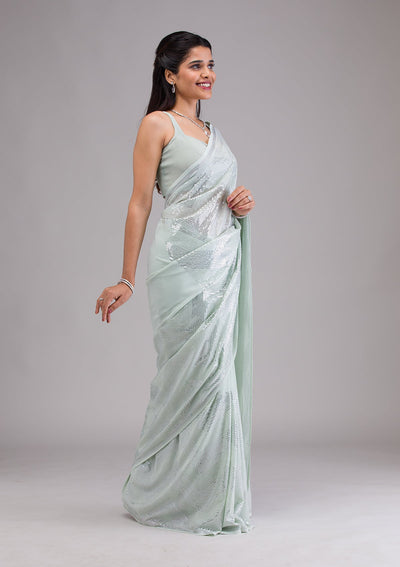 Pista Green Sequins Georgette Saree-Koskii