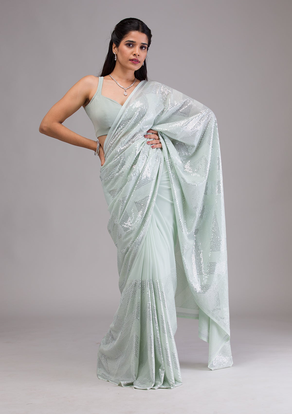 Pista Green Sequins Georgette Saree-Koskii