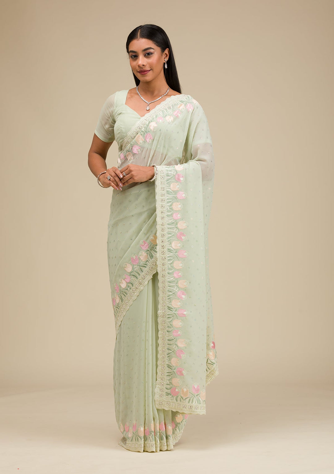 Pista Green Sequins Georgette Saree-Koskii