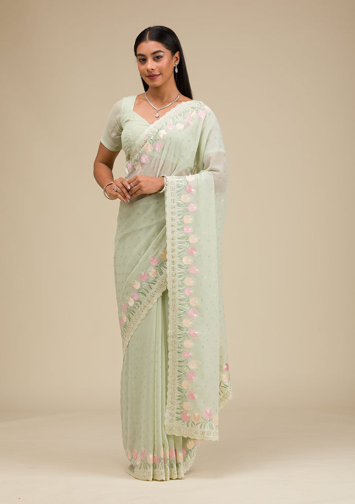 Pista Green Sequins Georgette Saree-Koskii