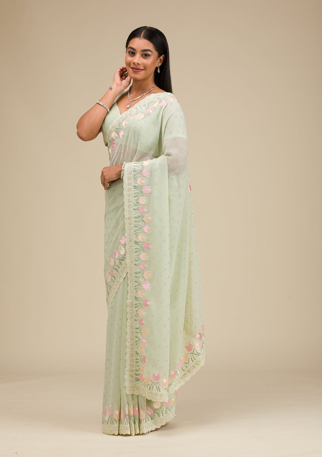 Pista Green Sequins Georgette Saree-Koskii
