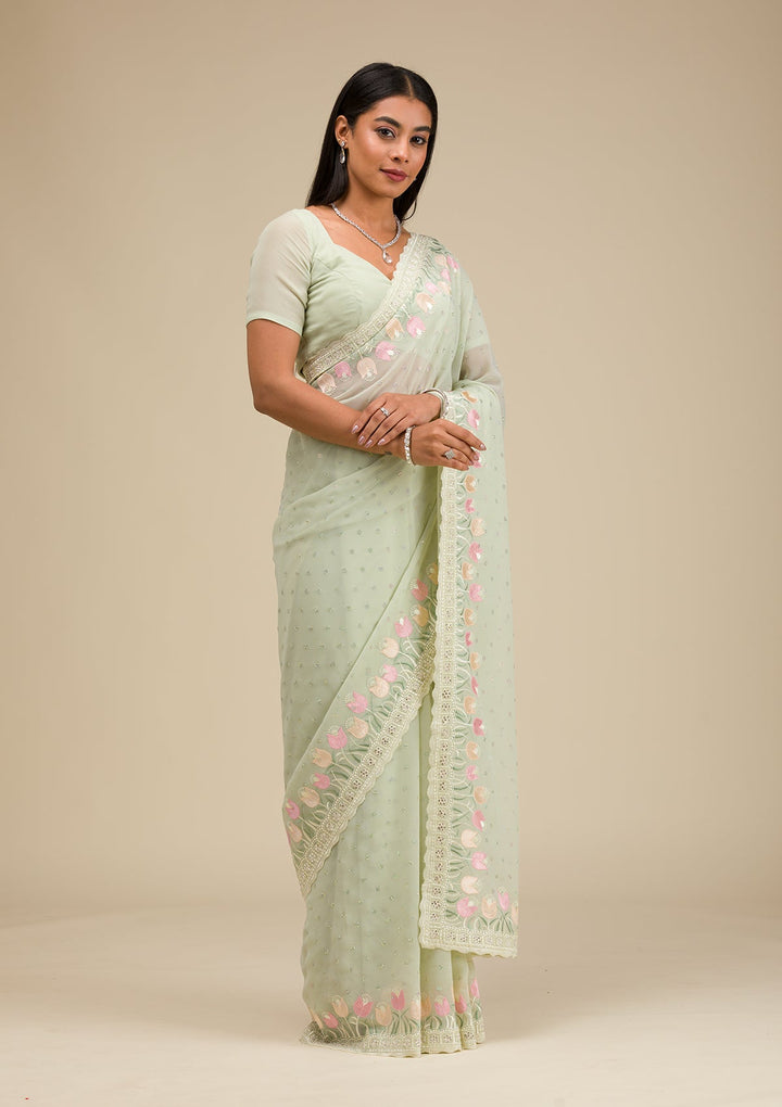 Pista Green Sequins Georgette Saree-Koskii